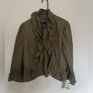 INC International Concepts Ruffle Jacket Large Green NWT Cropped Blazer Cotton